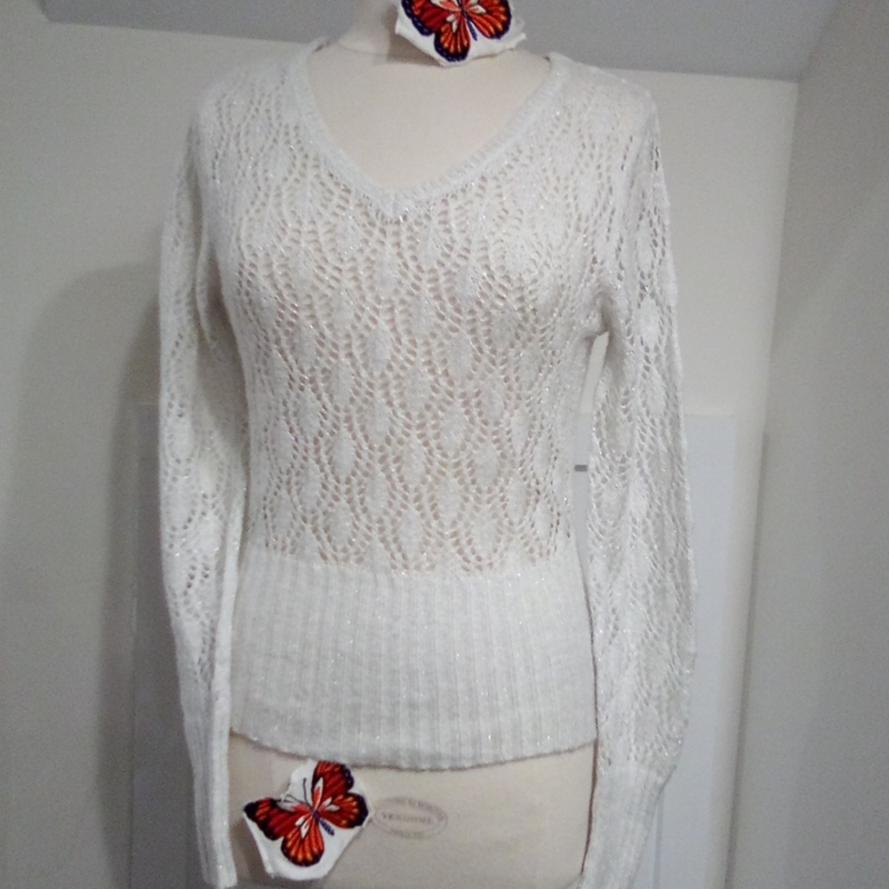 Vintage V Neck Open Knit Silver Grey Sparkle Sweater